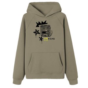 Basquiat Inspired Premium Sweatshirt, Olive Color, Inspired graphic element in black with crown stars radio shapes and the word king