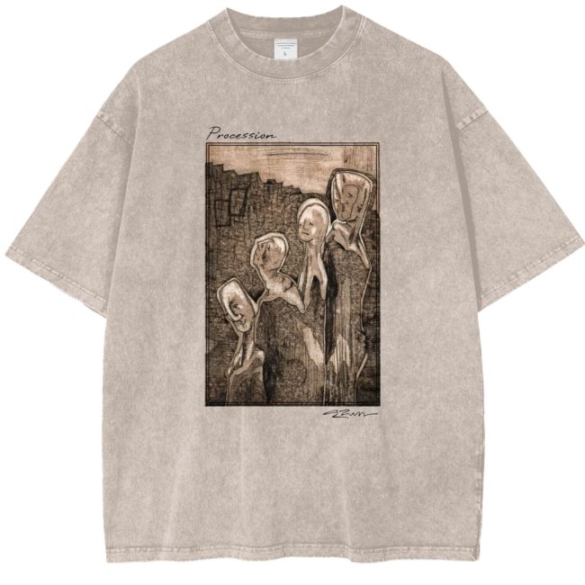 Premium T-Shirt with Original Art entitled Procession printed large in the center of the t-shirt. The print has the name and signature printed on the shirt.