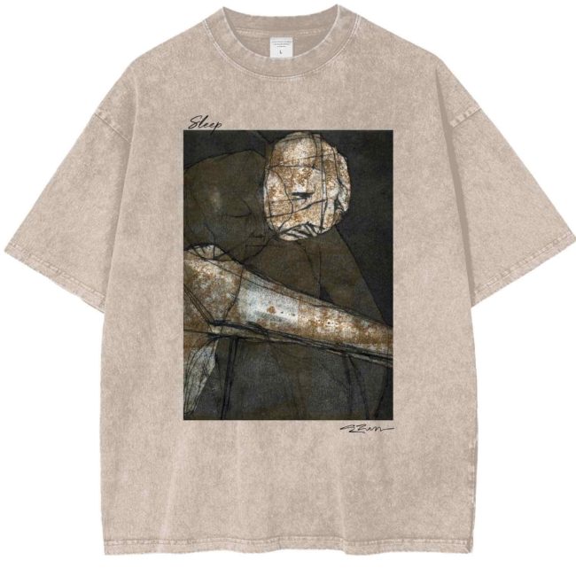 Premium Heavy Weight Acid Wash T-Shirt with an Original Art Print entitled Sleep Light Brown