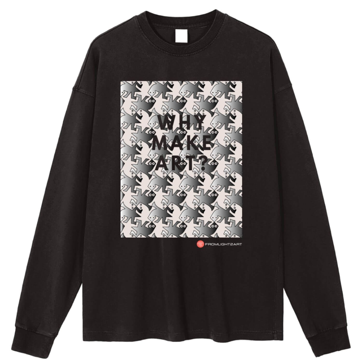 Why Make Art Premium Long Sleeve Heavy Weight T-Shirt Black with Escher Inspired Pattern Why Make Art in Text is Cut out of the Pattern