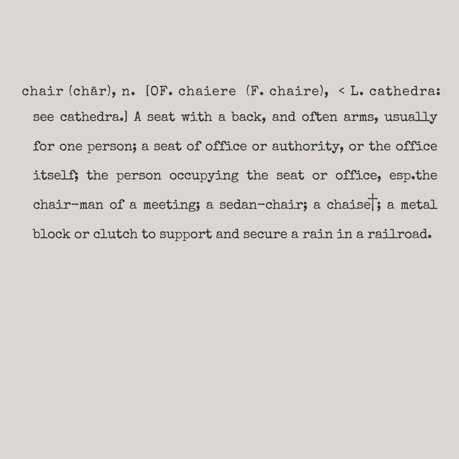 One in three chairs t-shirt detail of text definition of chair printed on front